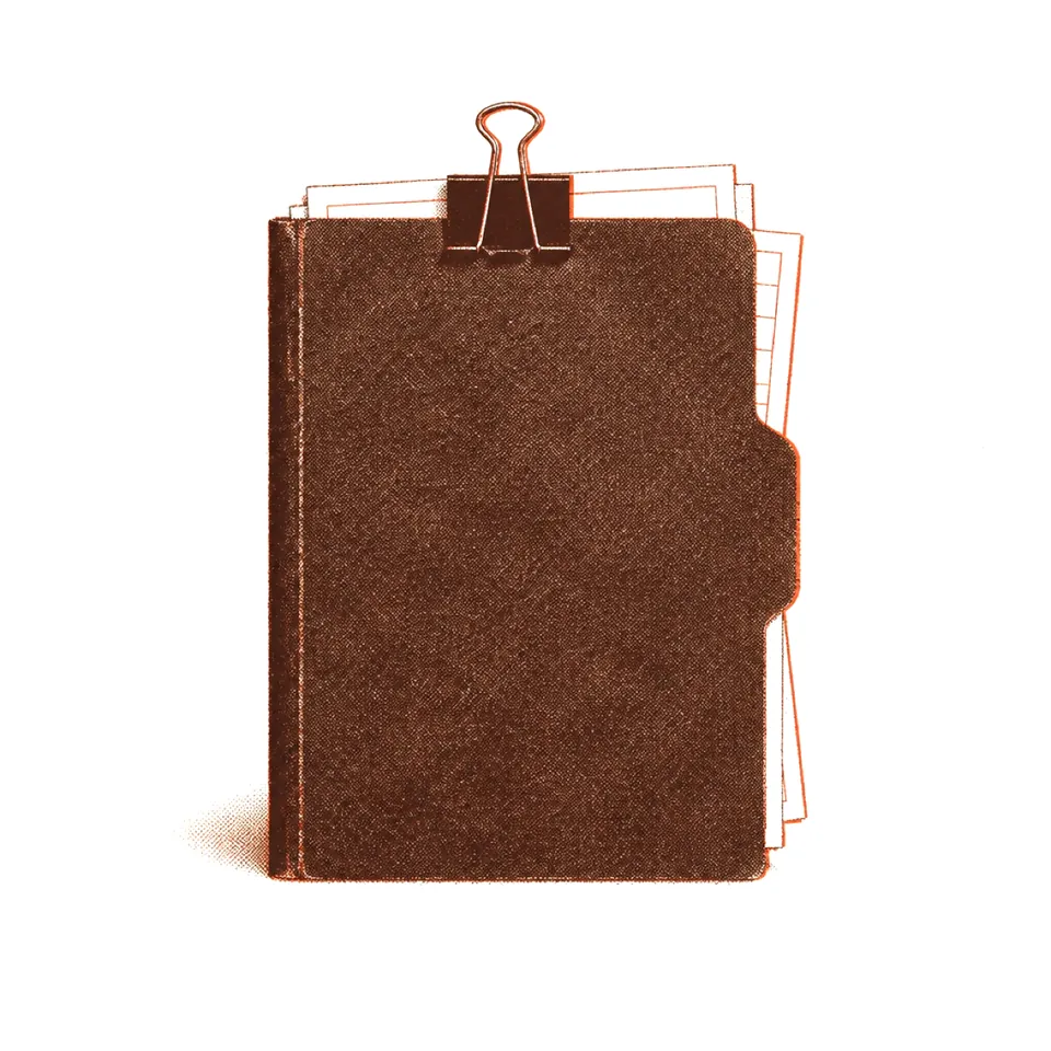 A clipped folder of printed pages.