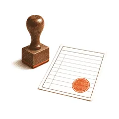 A rubber stamp beside a ruled sheet marked with a seal.